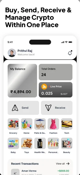 BePay Business home with balance, total orders, live crypto price, and send and receive