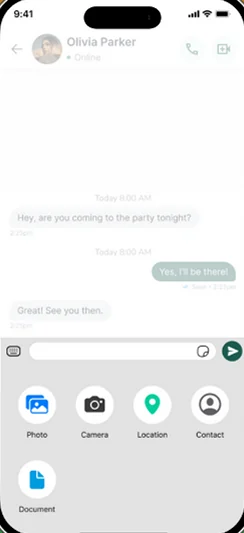 Jatt App one-to-one chat with photo, camera, location, and contact sharing