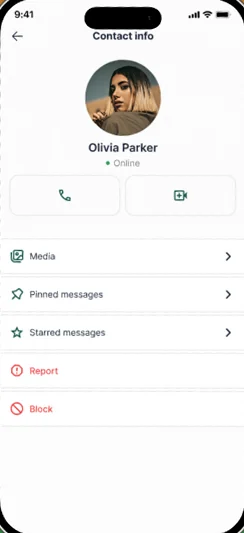 Jatt App contact info with media, pinned messages, report, and block
