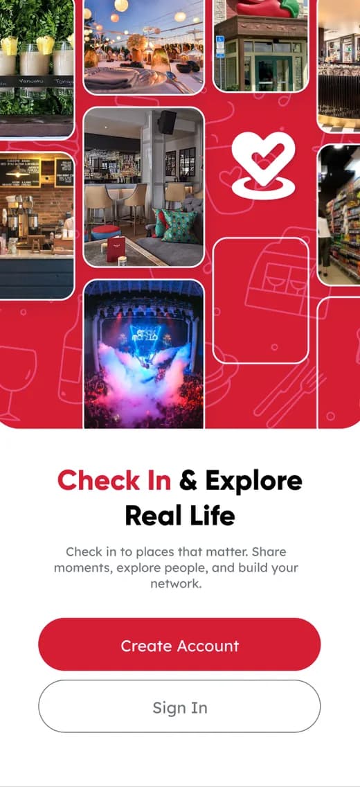 On Scene onboarding: Check In & Explore Real Life, with venue photos and Create Account and Sign In buttons