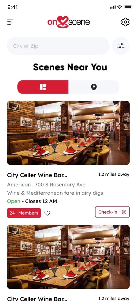 On Scene Scenes Near You list with a wine bar, its distance, opening hours, member count and a Check-in button
