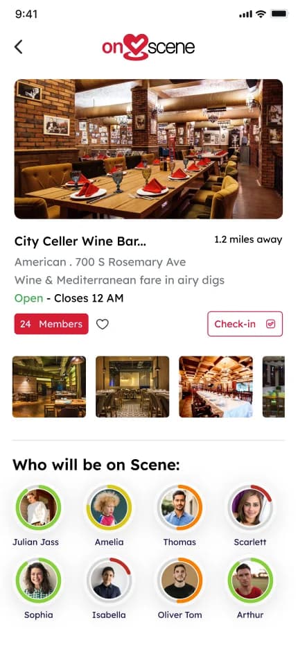 On Scene venue page with photos, a Check-in button and who will be on scene