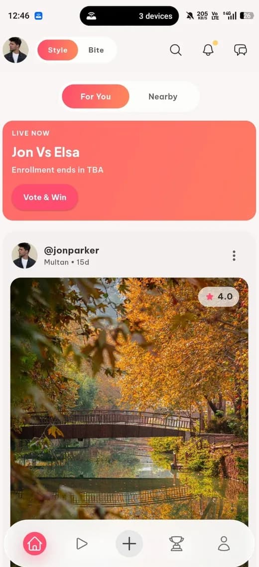 StyleBite home feed with a live Vote & Win contest and a rated post