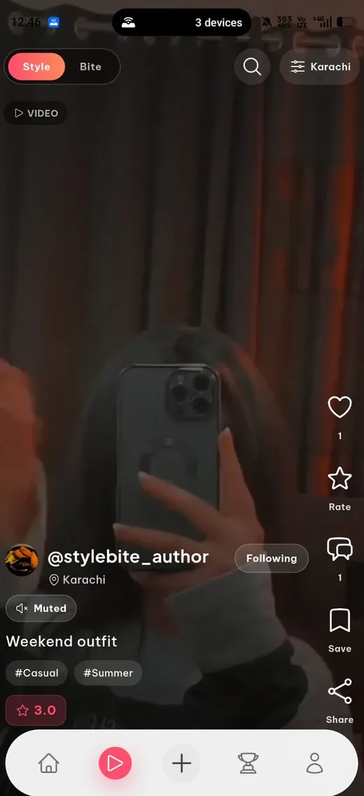 StyleBite reel of a weekend outfit with like, rate, comment, save and share actions