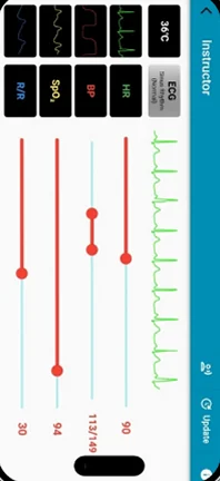 Simman instructor controls with live vital-sign sliders and ECG trace, shown in landscape