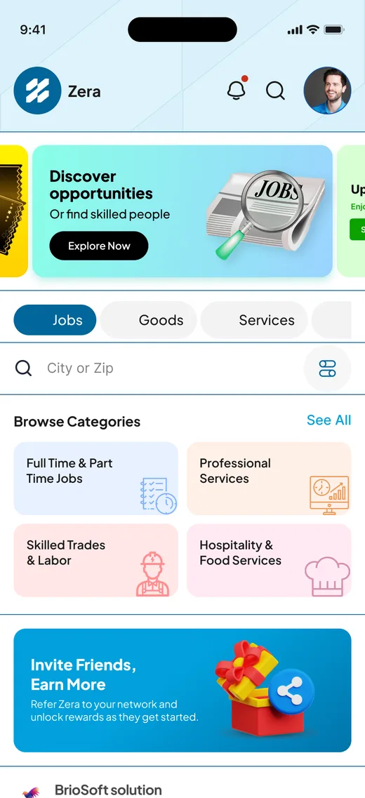 Zera home with jobs, goods and services tabs, browse categories and a featured job post